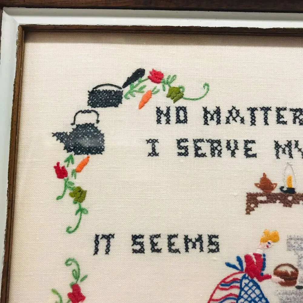 Vintage Framed Needlework Rustic Primitive Wall Decor 15 x 12 Inches